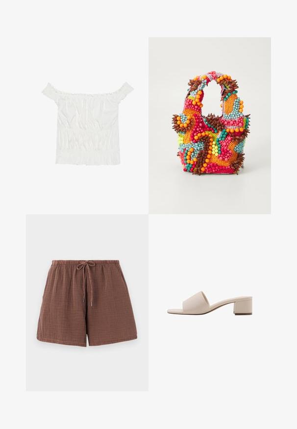 Witte off-shoulder top met gerimpelde accenten, gathering structuur en een elastische tailleband. Gemaakt van zachte katoenen stof.; Bruine katoenen shorts met een gestructureerde, gekreukte afwerking, een elastische tailleband en een trekkoord. Midden-dij lengte met een ontspannen pasvorm.; Beige blockhaksandal met een brede band en open teen. Gladde stof en strakke uitstraling. Korte, stevige hak voor stabiliteit.; Beaded handtas met levendige kleuren: roze, oranje, blauw en bruin. Getextureerd oppervlak met ronde kralen en organische vormen, stevige handvatten.; Gouden hoepeloorbellen met een tortoisepatroon van hars aan de buitenrand, met een gladde afwerking en een strakke, ronde vorm.
