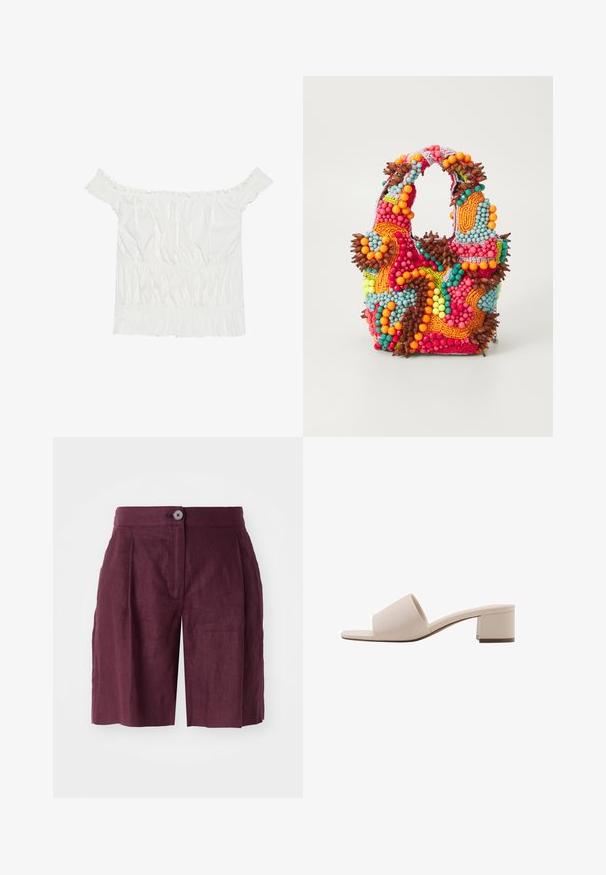 Top bianco senza spalline con dettagli arricciati, texture plissettata e vita elasticizzata. Realizzato in morbido cotone.; Pantaloni corti in lino bordeaux con una vestibilità su misura, dotati di chiusura a bottone, pieghe frontali e tasche laterali, texture liscia e design all'altezza del ginocchio.; Sandalo beige con tacco a blocco, dotato di una fascia larga e punta aperta. Materiale liscio e design elegante. Tacco corto e robusto per maggiore stabilità.; Borsa a perline con colori vivaci: rosa, arancione, blu e marrone. Superficie testurizzata con perline circolari e forme organiche, manici robusti.; Orecchini a cerchio in tonalità oro con bordo esterno in resina dal motivo tartaruga, dotati di una finitura liscia e di una forma circolare elegante.