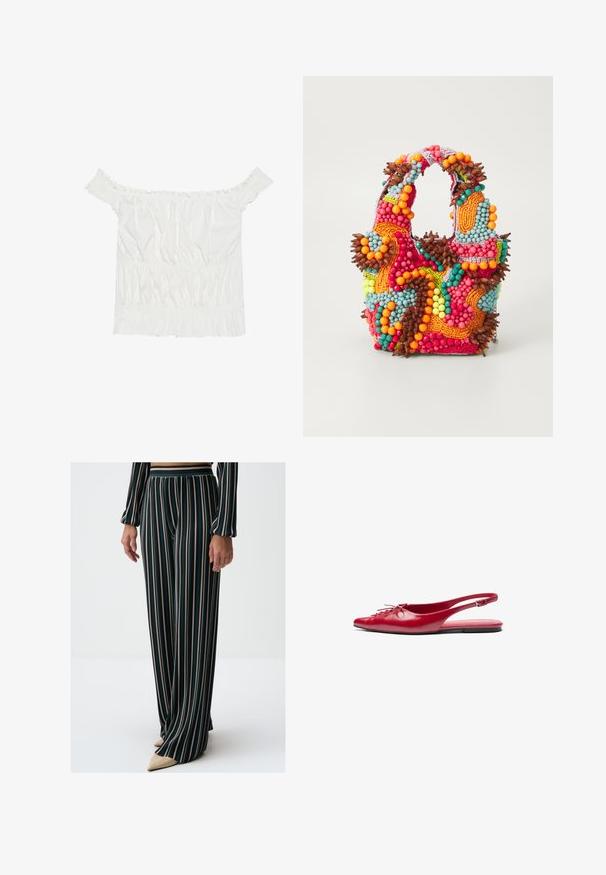 Biała bluzka bez rękawów z falbaniastymi akcentami, zebranym teksturą i elastycznym paskiem w talii. Wykonana z miękkiej bawełnianej tkaniny.; Spodnie o szerokich nogawkach w ciemnozielonym kolorze z pionowymi paskami w odcieniach różu, kremu i szmaragdu, z elastycznym paskiem w talii.; Czerwone skórzane buty typu slingback z płaską podeszwą i spiczastym noskiem, z ozdobnym sznurówką z przodu, posiadające wąski pasek na kostkę.; Torebka z koralikami w żywych kolorach: różowym, pomarańczowym, niebieskim i brązowym. Teksturowana powierzchnia z okrągłymi koralikami i organicznymi kształtami, mocne uchwyty.