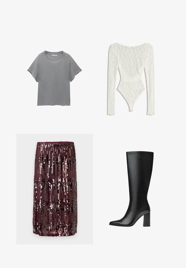 PULL&BEAR SHORT SLEEVE - Tricou cu imprimeu - grey; Body din dantelă albă cu mâneci lungi, având un model țesut și un decolteu adânc la spate, cu un deschidere înaltă la picior.; Fustă burgundy din paiete, cu dungi verticale de paiete, creând o suprafață texturată, cu un talie ajustată și un design până la genunchi.; Bot negre până la genunchi, realizat din piele ecologică, cu vârf ascuțit, textură netedă și toc gros. Design minimalist fără accente vizibile.