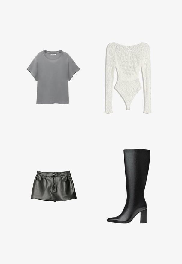 PULL&BEAR SHORT SLEEVE - Printtipaita - grey; Valkoinen pitsiset bodysuit pitkähihaisilla hihoilla, jossa on kudottu kuvio ja matala selkädesign, kapeneva korkeaan lahkeeseen.; Mustat nahka mini-hameet, joissa on sileä pinta, kaksi etutaskua ja metallinappikiinnitys. Lyhyt mitoitukset ja klassinen leikkaus.; Mustat, polveen saakka ulottuvat saappaat, jotka on valmistettu tekonahasta, teräväkärkiset, sileäpintaiset ja joissa on paksu lohko korko. Minimalistinen muotoilu ilman näkyviä yksityiskohtia.