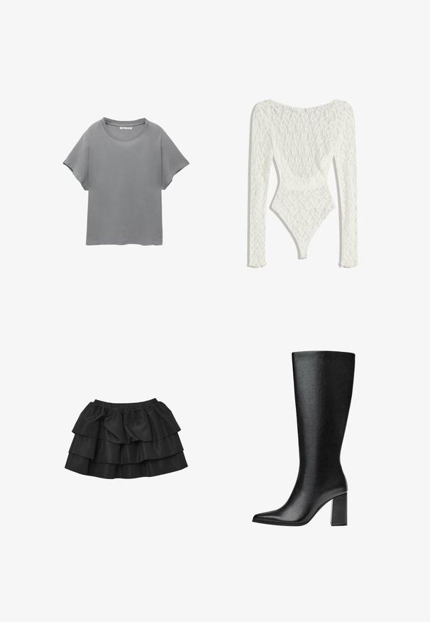 PULL&BEAR SHORT SLEEVE - T-shirt imprimé - grey; Body en dentelle blanche à manches longues, présentant un motif tissé et un dos décolleté, se resserrant vers une ouverture de jambe haute.; Jupe noire à plusieurs couches composée de trois niveaux, fabriquée en satin lisse, avec une taille élastique pour un ajustement confortable.; Bottine noire montante en simili cuir avec un bout pointu, texture lisse et un talon large. Design minimaliste sans accents visibles.