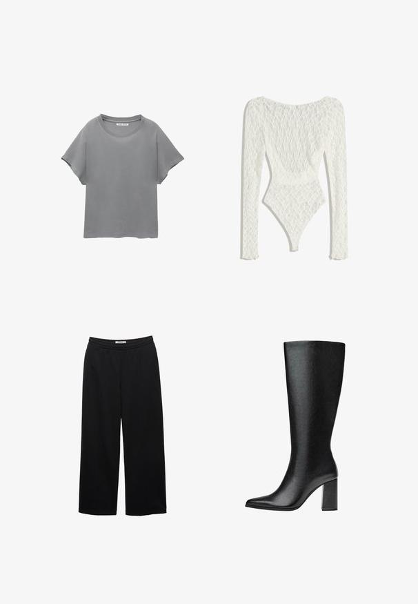 PULL&BEAR SHORT SLEEVE - T-shirts print - grey; Hvid blonde bodysuit med lange ærmer, prydet med et vævet mønster og en lav rygdesign, der taperer til en høj skåret benåbning.; Sorte bredbenede bukser med elastisk talje, der har en glat overflade og to frontfolder for ekstra detaljer.; Sorte knæhøje støvler lavet af imiteret læder med spids tå, glat tekstur og en chunky blokhæl. Minimalistisk design uden synlige detaljer.