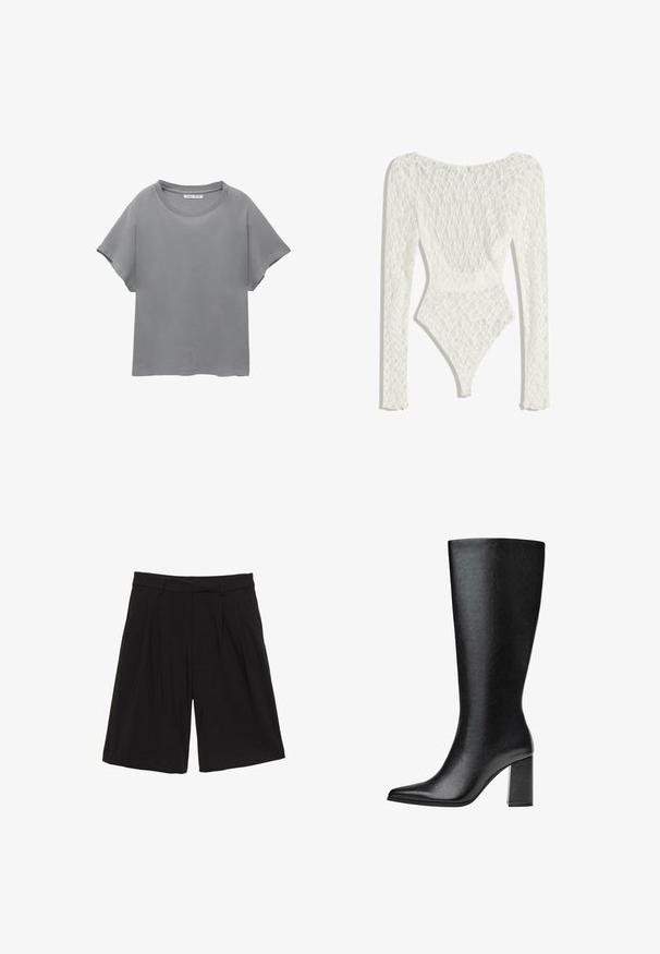 PULL&BEAR SHORT SLEEVE - Triko s potiskem - grey; Bílý krajkový body s dlouhými rukávy, vystupující s tkaným vzorem a nízkým designem na zádech, úzký ke vysokému vykrojení na nohou.; Černé šortky s přesně tvarovaným designem, s přehyby vpředu, poutky na opasek a rovně střiženou nohavicí sahající po koleno.; Černé kozačky nad kolena vyrobené z umělé kůže s špičatou špičkou, hladkým povrchem a robustním blokovým podpatkem. Minimalistický design bez viditelných dekorací.