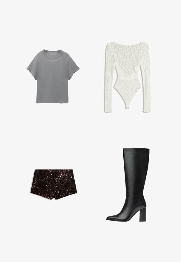 PULL&BEAR SHORT SLEEVE - Nyomott mintás póló - grey; Fehér csipkés bodysuit hosszú ujjakkal, szőtt mintázattal és mély hátkivágással, magasan szabott lábnyílással.; Fekete és bronz árnyalatú flitteres sort, melynek texturált felülete csillogó, fényvisszaverő fényességgel rendelkezik, és egyenes szabású szegéllyel zárul.; Fekete, térd fölé érő csizma műbőrből, hegyes orral, sima felülettel és tömör, blokk sarkú kialakítással. Minimalista dizájn, látható díszítések nélkül.