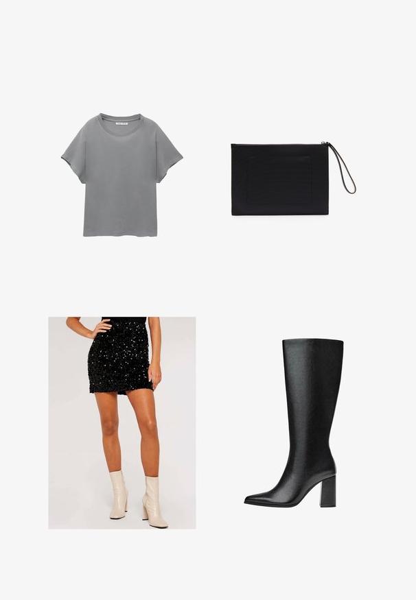 PULL&BEAR SHORT SLEEVE - T-shirt print - grey; Zwarte pailletten minirok, strakke pasvorm, met een gladde textuur. Gecombineerd met crèmekleurige enkelboots met een ritssluiting en blokhak.; Zwarte laars tot de knie van faux leer met een spitse neus, een gladde textuur en een chunky blokhak. Minimalistisch ontwerp zonder zichtbare accenten.; Zwarte clutch gemaakt van textuurstof met een rechthoekige vorm, voorzien van een ritssluiting en een polsband. Inclusief een voorvak.