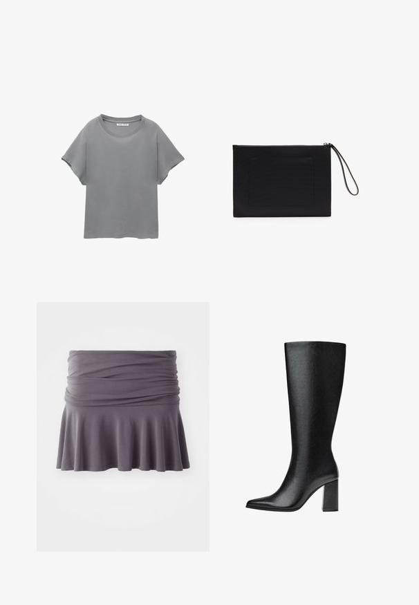 PULL&BEAR SHORT SLEEVE - Print T-shirt - grey; Gray, knee-length skirt made of soft fabric with a gathered waist and flared hem. Features smooth texture and simple design.; Black knee-high boot made of faux leather with a pointed toe, smooth texture, and a chunky block heel. Minimalist design with no visible accents.; Black clutch bag made from textured fabric with a rectangular shape, featuring a zip closure and a wrist strap. Includes a front pocket.