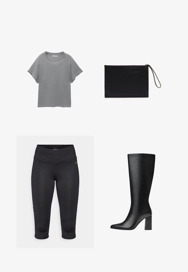 PULL&BEAR SHORT SLEEVE - Majica kratkih rukava s printom - grey; Crne kapri tajice napravljene od rastezljivog, laganog materijala. Imaju visoki struk i glatki dizajn šavova za udobnost i fleksibilnost.; Crne čizme do koljena napravljene od umjetne kože s šiljastim vrhom, glatkom teksturom i debelom blok petom. Minimalistički dizajn bez vidljivih akcenata.; Crna clutch torbica od teksturirane tkanine pravokutnog oblika, s patentnim zatvaračem i ručnom trakom. Ima prednji džep.