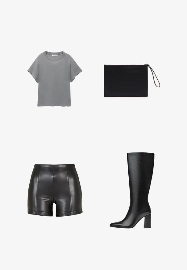 PULL&BEAR SHORT SLEEVE - Majica kratkih rukava s printom - grey; Crne kratke hlače od umjetne kože s visokim strukom, glatkom teksturom i vidljivim šavovima duž prednje strane i rubova.; Crne čizme do koljena napravljene od umjetne kože s šiljastim vrhom, glatkom teksturom i debelom blok petom. Minimalistički dizajn bez vidljivih akcenata.; Crna clutch torbica od teksturirane tkanine pravokutnog oblika, s patentnim zatvaračem i ručnom trakom. Ima prednji džep.