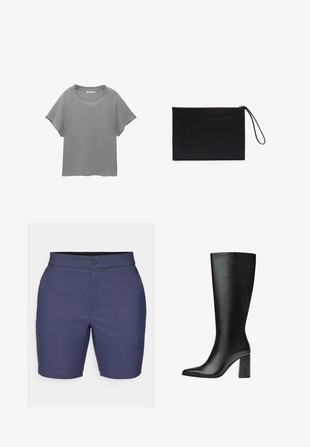 PULL&BEAR SHORT SLEEVE - T-shirts print - grey; Mørkeblå shorts lavet af glat stof, med knaplukning, bæltestropper og en skræddersyet pasform med en ren kant.; Sorte knæhøje støvler lavet af imiteret læder med spids tå, glat tekstur og en chunky blokhæl. Minimalistisk design uden synlige detaljer.; Sort clutch taske lavet af struktureret stof med rektangulær form, der har en lynlåslukning og et håndledsrem. Inkluderer en frontlomme.