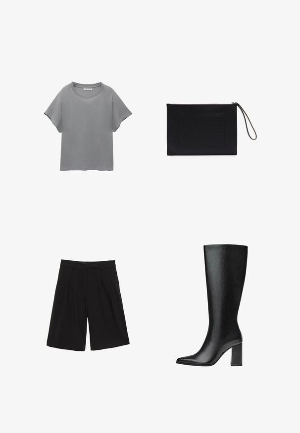 PULL&BEAR SHORT SLEEVE - T-Shirt print - grey; Schwarze Shorts mit maßgeschneidertem Design, featuring Falten an der Vorderseite, Gürtelschlaufen und einem geraden Schnitt, der bis zum Knie reicht.; Schwarze kniehohe Stiefel aus Kunstleder mit spitzer Zehe, glatter Oberfläche und blockartigem Absatz. Minimalistisches Design ohne sichtbare Akzente.; Schwarze Clutch aus strukturiertem Stoff mit rechteckiger Form, ausgestattet mit einem Reißverschluss und einem Handgelenkriemen. Enthält eine Fronttasche.