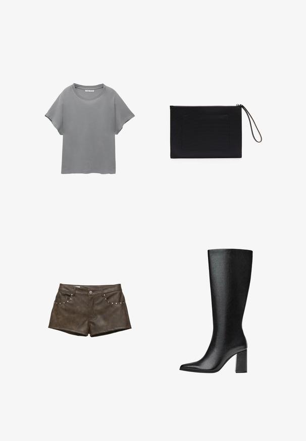 PULL&BEAR SHORT SLEEVE - T-shirt print - grey; Bruine nepleren shorts met een gladde textuur, voorzien van zilveren studs op de voorkortes en een knoopsluiting.; Zwarte laars tot de knie van faux leer met een spitse neus, een gladde textuur en een chunky blokhak. Minimalistisch ontwerp zonder zichtbare accenten.; Zwarte clutch gemaakt van textuurstof met een rechthoekige vorm, voorzien van een ritssluiting en een polsband. Inclusief een voorvak.