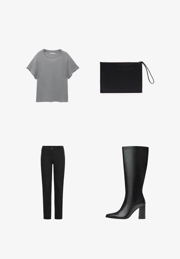 PULL&BEAR SHORT SLEEVE - Nyomott mintás póló - grey; Fekete egyenes szabású nadrág gombos záródással, övhurkokkal és egy kis fedélzsebbe a derékszíj mellett, a jobb oldalon.; Fekete, térd fölé érő csizma műbőrből, hegyes orral, sima felülettel és tömör, blokk sarkú kialakítással. Minimalista dizájn, látható díszítések nélkül.; Fekete, texturált szövetből készült kézitáska, téglalap alakú, cipzáras záródással és csuklópánttal. Elülső zsebet is tartalmaz.