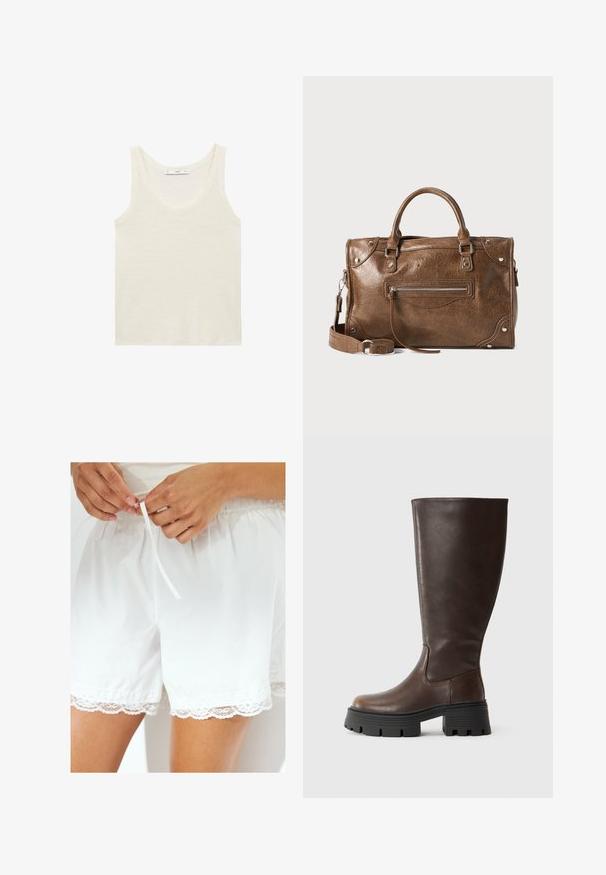 Débardeur blanc en tissu léger. Présente un encolure arrondie et de larges emmanchures, avec une texture lisse et un design minimaliste.; Shorts en coton blanc avec taille élastique et cordon de serrage, ornés d'une dentelle le long de l'ourlet pour un détail supplémentaire.; Botte marron montante en cuir synthétique lisse, dotée d'une semelle platform noire épaisse et de coutures minimales pour un design épuré.; Sac à main en cuir marron avec une bandoulière réglable, des anses supérieures, une poche frontale zippée et des accents en métal. Fini texturé.