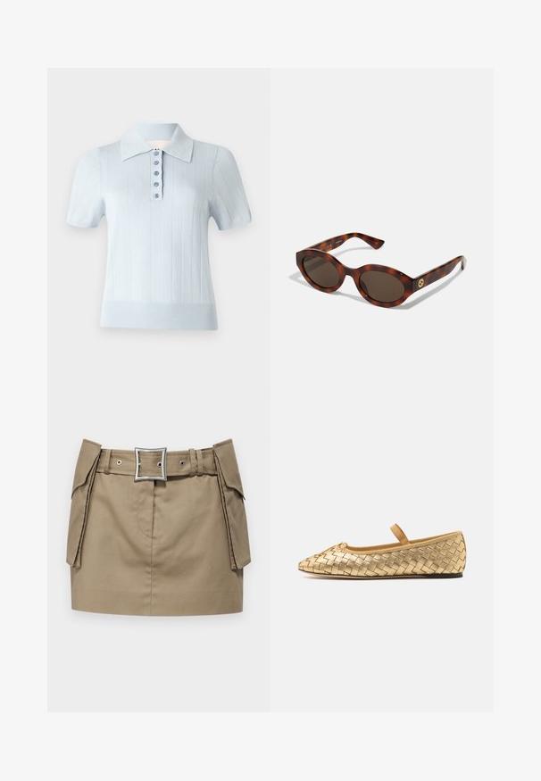 Svetlomodrá polokošeľa s krátkym rukávom, so ribovanou textúrou, rovnou golierikom a predným zapínaním na šesť zodpovedajúcich gombíkov.; Khaki mini sukňa s širokým opaskom s hranatou striebornou prackou, bočnými vreckami a hladkým, odolným materiálom.; Loeffler Randall LEONIE SOFT BALLET FLAT - Balerínky s remienkom okolo členku - gold; Žlté slnečné okuliare s okrúhlymi rámami, tmavými sklami a zlatými logovými detailmi na straniciach. Hladký plastový materiál, bez viditeľných vzorov.