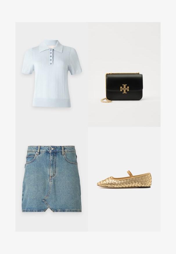 Jasnoniebieska koszulka polo z krótkim rękawem o prążkowanej fakturze, z płaskim kołnierzem i zapięciem na sześć pasujących guzików z przodu.; Jasnoniebieska spódnica dżinsowa z surowym dołem i skośną kieszenią z przodu, z kontrastowym przeszyciem i pojedynczym zapięciem na guzik w talii.; Loeffler Randall LEONIE złoty; Czarna skórzana torba na ramię z złotą łańcuszkową rączką i akcentem z logo. Posiada prostokątny kształt z klapką. Gładka faktura.