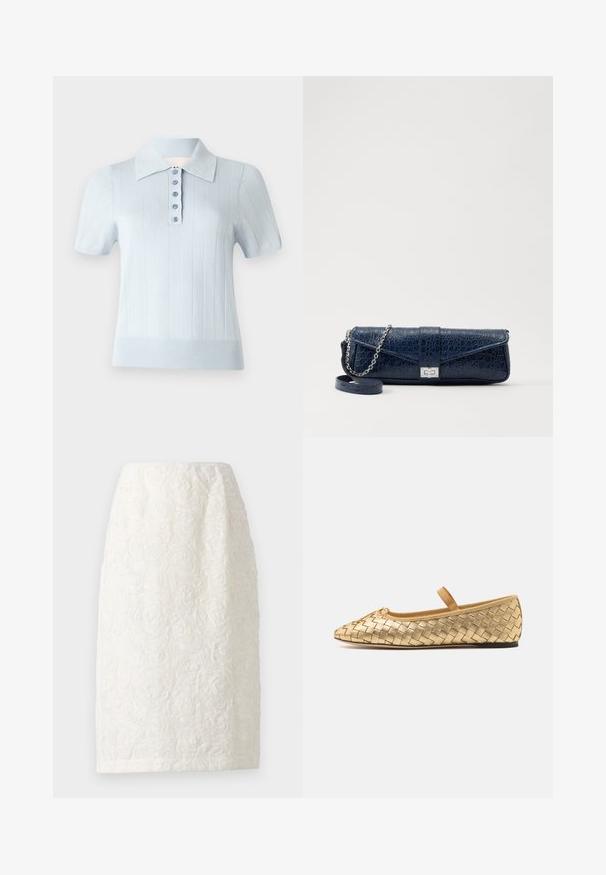 Hele helesinine lühikese varrukaga polo särk, millel on sooniktekstuur, lame krae ja eesmine plakeering, kus on kuus sobivat nööpi.; Knee-pikkusega valge seelik, millel on tekstureeritud lilleline muster, tõstetud rooside kujutiste ja peene sädelusega. Lihtne, sirge siluett.; Loeffler Randall LEONIE SOFT BALLET FLAT - Pahkluurihmadega baleriinad - gold; Tumehall nahast klamber krokodillitekstuuriga, hõbedane kettrihm ja metallist lukk. Ruutuline kuju volditava disainiga.