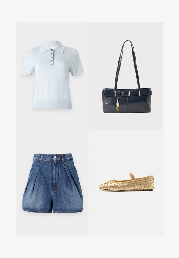 Light blue short-sleeve polo shirt with a ribbed texture, flat collar, and a front placket featuring six matching buttons.; High-waisted denim shorts in medium blue with pleat detailing, a button closure, and contrast stitching. Crafted from soft, durable fabric.; Loeffler Randall LEONIE SOFT BALLET FLAT - Ankle strap ballet pumps - gold; Navy leather handbag with two long handles, a buckle detail, and a keychain attached. Features a smooth texture and a rectangular shape.