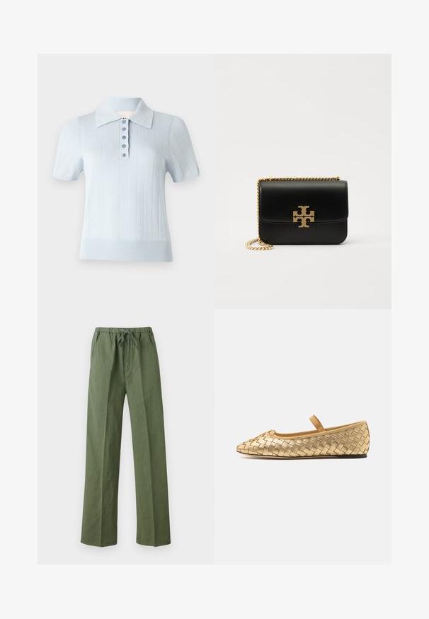 Világoskék, rövid ujjú poloing bordázott textúrával, lapos gallérral és elülső gombolással, hat azonos gombbal.; Zöld, laza szabású nadrág, könnyű anyagból készült, rugalmas derékkal, húzózsinórral és oldalzsebekkel.; Loeffler Randall LEONIE SOFT BALLET FLAT - Bokapántos balerina cipők - gold; Fekete bőr kézi táska aranyszínű láncjoggal és logóval. Téglalap alakú, hajtókás fedéllel. Simának mondható textúrával rendelkezik.
