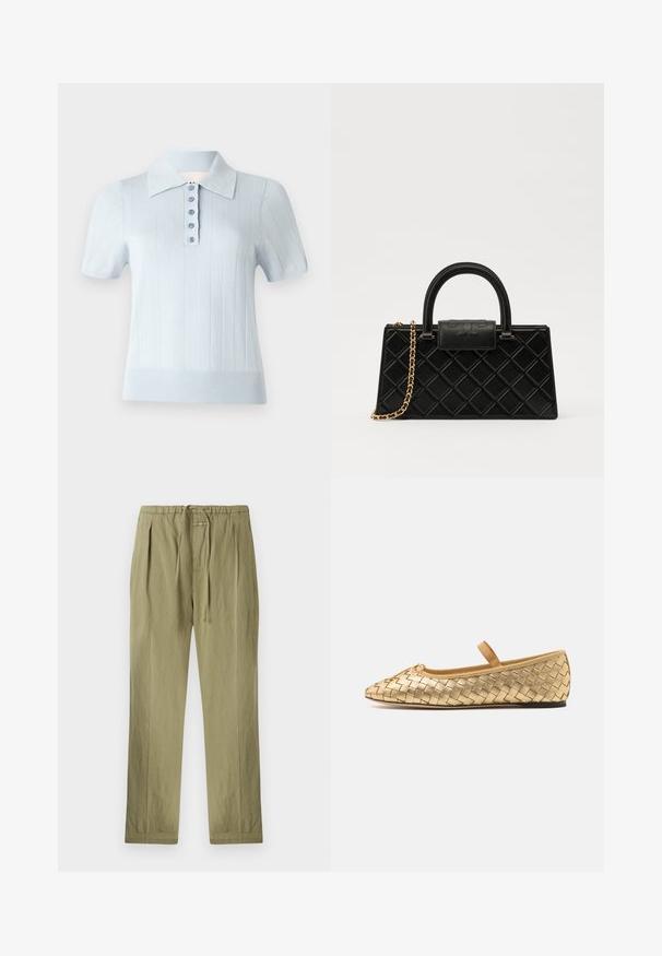 Gaiši zila īsām piedurknēm polo krekls ar ribotu tekstūru, plakanu apkakli un priekšējo pogu rindu, kas sastāv no sešām saskaņotām pogām.; Gai olīvu zaļi kokvilnas bikses ar regulējamu jostu, ar krokām un taisnu kāju dizainu. Mīksta tekstūra ar minimāliem akcentiem.; Loeffler Randall LEONIE SOFT BALLET FLAT - Baletkurpes ar siksniņu ap potīti - gold; Melnā rokassomiņa, kas izgatavota no teksturētas ādas, ar dimanta rakstu, zelta toņa ķēdes siksnu un augšējo rokturi ar logo reljefā slēgšanu.