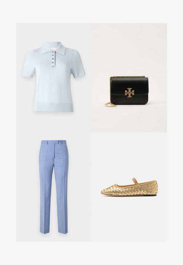 Šviesiai mėlynas trumpomis rankovėmis polo marškinėliai su ribota tekstūra, plokščiu apykakle ir priekinėmis sagomis, kuriose yra šešios tos pačios spalvos sagos.; Šviesiai mėlynos pritaikytos kelnės, pagamintos iš lygaus audinio, su aukštu liemeniu, priekiniais raukiniais ir tiesiomis kojomis. Minimalistinis dizainas, jokių matomų raštų.; Loeffler Randall LEONIE SOFT BALLET FLAT - Balerinos tipo bateliai su dirželiu ties kulkšnimi - gold; Juodas odinis rankinė su auksinės spalvos grandine ir logotipo akcentu. Turi stačiakampio formą su užlenkiama sklende. Lygus paviršius.