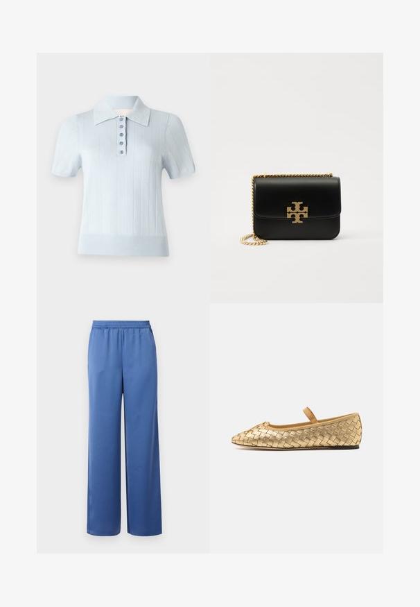 Light blue short-sleeve polo shirt with a ribbed texture, flat collar, and a front placket featuring six matching buttons.; Blue wide-leg pants with an elastic waistband, made from smooth fabric. Features a straight cut and no visible pockets or embellishments.; Loeffler Randall LEONIE SOFT BALLET FLAT - Ankle strap ballet pumps - gold; Black leather handbag with gold-tone chain strap and logo accent. Features a rectangular shape with a fold-over flap. Smooth texture.