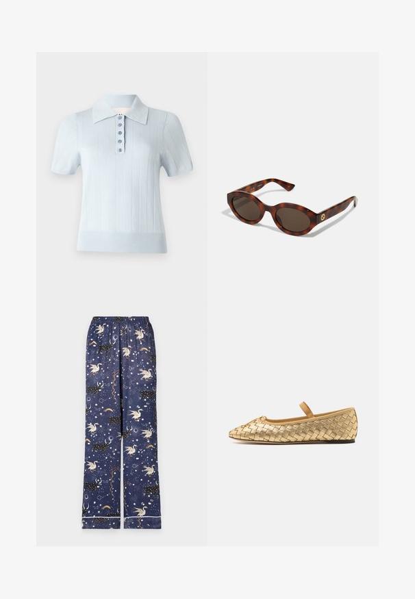 Light blue short-sleeve polo shirt with a ribbed texture, flat collar, and a front placket featuring six matching buttons.; Navy pajama pants with an elastic waistband, featuring a whimsical pattern of unicorns, constellations, and celestial elements in colorful hues.; Loeffler Randall LEONIE SOFT BALLET FLAT - Ankle strap ballet pumps - gold; Tortoiseshell sunglasses with rounded frames, dark lenses, and gold logo detailing on the temples. Smooth plastic material, no visible patterns.