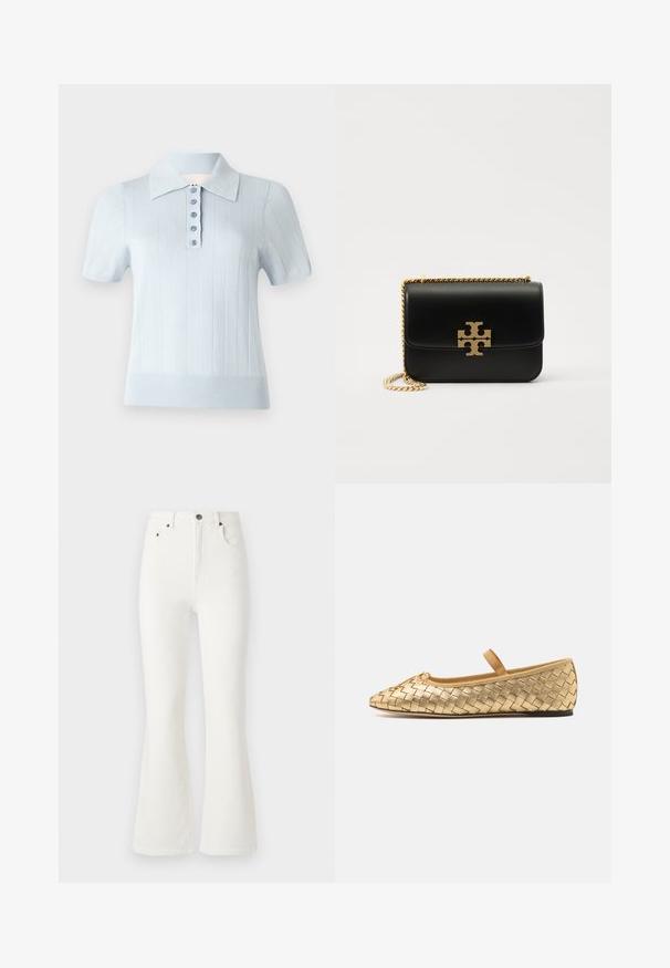 Light blue short-sleeve polo shirt with a ribbed texture, flat collar, and a front placket featuring six matching buttons.; White flared jeans made of denim. High-waisted design with front pockets and a button closure. Smooth texture and minimal stitching details.; Loeffler Randall LEONIE SOFT BALLET FLAT - Ankle strap ballet pumps - gold; Black leather handbag with gold-tone chain strap and logo accent. Features a rectangular shape with a fold-over flap. Smooth texture.