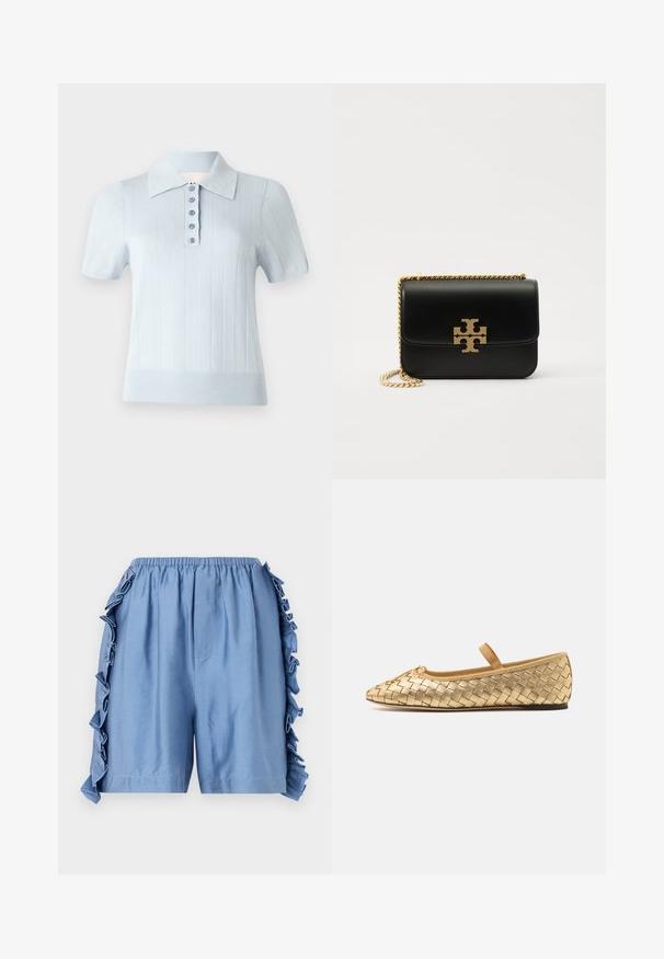 Polo de culoare albastră deschis, cu mâneci scurte, cu o textură nervurată, guler plat și o închidere frontală cu șase butoane asortate.; Shorts din bumbac de culoare albastru deschis, cu talie elastică, prezentând detalii cu volane pe laturile cusăturii și o croială lejeră.; Loeffler Randall LEONIE SOFT BALLET FLAT - Balerini cu barete - gold; Geantă de mână din piele neagră, cu curea din lanț auriu și accent de logo. Are o formă rectangulară și un capac tip fold-over. Textură netedă.