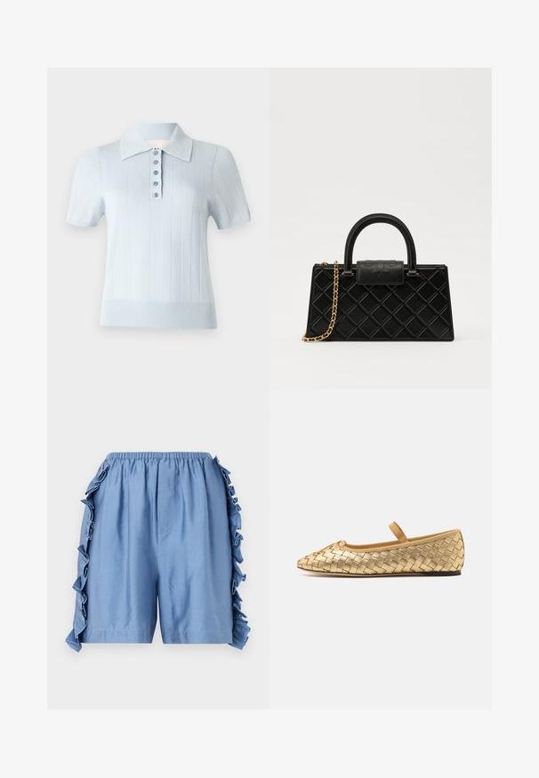 Világoskék, rövid ujjú poloing bordázott textúrával, lapos gallérral és elülső gombolással, hat azonos gombbal.; Világoskék, pamut rövidnadrág, rugalmas derékkal, oldalsó varrás mentén fodros részletekkel és laza szabással.; Loeffler Randall LEONIE SOFT BALLET FLAT - Bokapántos balerina cipők - gold; Fekete kézitáska texturált bőrből, gyémántmintázattal, aranyszínű láncos pánttal és logóval gravírozott fedélzárral ellátott felső fogantyúval.
