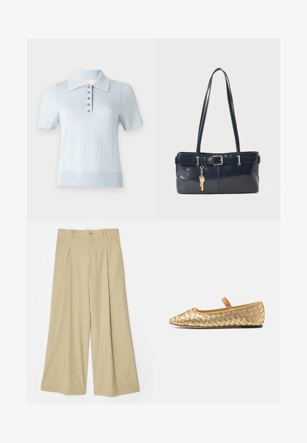 Világoskék, rövid ujjú poloing bordázott textúrával, lapos gallérral és elülső gombolással, hat azonos gombbal.; Beige színű, bő szabású nadrág, könnyű anyagból készült. Jellemzője a lapos elülső rész, két oldalsó zseb és egy aranyszínű háromszög dísz a deréknál.; Loeffler Randall LEONIE SOFT BALLET FLAT - Bokapántos balerina cipők - gold; Sötétkék bőr kézitáska két hosszú fogantyúval, csattal díszítve és kulcstartóval. Simává polírozott textúrával és téglalap alakú dizájnnal rendelkezik.