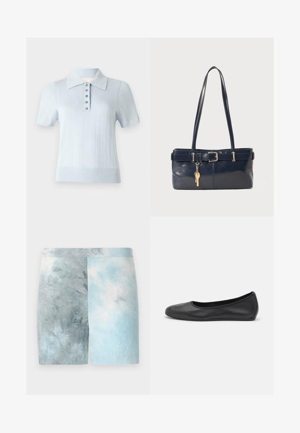 Svetlomodrá polokošeľa s krátkym rukávom, so ribovanou textúrou, rovnou golierikom a predným zapínaním na šesť zodpovedajúcich gombíkov.; Šortky s blokovaním farieb, ktoré majú gradient svetlo modrej a šedej farby. Vyrobené z jemnej tkaniny s hladkým povrchom a elastickým pásom.; Čierne kožené baleríny s okrúhlou špičkou, hladkým povrchom, minimálnym prešívaním a flexibilným dizajnom podrážky.; Námornícka kožená kabelka s dvoma dlhými uchami, detailom s prackou a pripojeným kľúčovým držiakom. Má hladkú textúru a obdĺžnikový tvar.