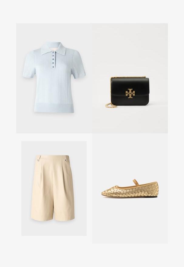 Polo de culoare albastră deschis, cu mâneci scurte, cu o textură nervurată, guler plat și o închidere frontală cu șase butoane asortate.; Șorturi plisate bej cu o textură netedă, având două buzunare laterale și accente din metal argintiu la talie.; Loeffler Randall LEONIE SOFT BALLET FLAT - Balerini cu barete - gold; Geantă de mână din piele neagră, cu curea din lanț auriu și accent de logo. Are o formă rectangulară și un capac tip fold-over. Textură netedă.