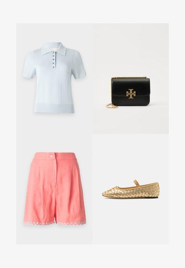Light blue short-sleeve polo shirt with a ribbed texture, flat collar, and a front placket featuring six matching buttons.; Light pink linen shorts featuring pleats and a scalloped hem with white and blue accent circles. Includes a front button closure.; Loeffler Randall LEONIE SOFT BALLET FLAT - Ankle strap ballet pumps - gold; Black leather handbag with gold-tone chain strap and logo accent. Features a rectangular shape with a fold-over flap. Smooth texture.