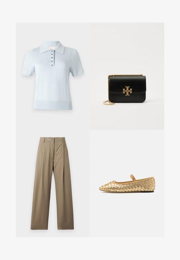 Svetlomodrá polokošeľa s krátkym rukávom, so ribovanou textúrou, rovnou golierikom a predným zapínaním na šesť zodpovedajúcich gombíkov.; Khaki široké nohavice vyrobené z bavlneného zmesi, s gombíkovým zapínaním, bočnými vreckami a hladkou textúrou s jemným leskom.; Loeffler Randall LEONIE SOFT BALLET FLAT - Balerínky s remienkom okolo členku - gold; Čierna kožená kabelka so zlatým reťazovým popruhom a logovým akcentom. Má obdĺžnikov shape s preklápacím klopou. Hladký povrch.