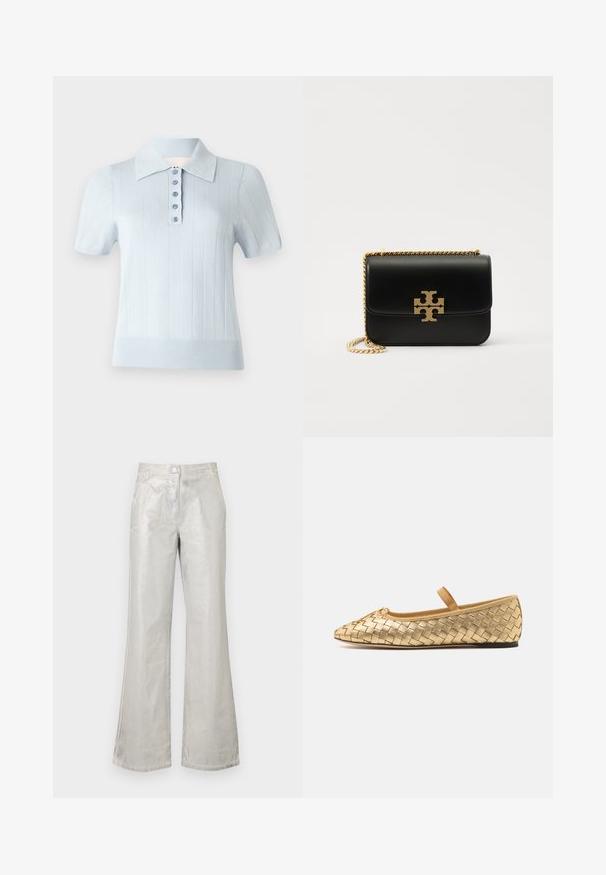 Light blue short-sleeve polo shirt with a ribbed texture, flat collar, and a front placket featuring six matching buttons.; Silver flared pants made from a shiny material, featuring a front button closure, two pockets, and visible stitching details.; Loeffler Randall LEONIE SOFT BALLET FLAT - Ankle strap ballet pumps - gold; Black leather handbag with gold-tone chain strap and logo accent. Features a rectangular shape with a fold-over flap. Smooth texture.