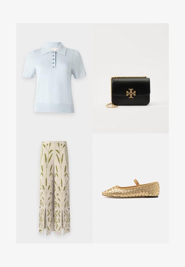 Light blue short-sleeve polo shirt with a ribbed texture, flat collar, and a front placket featuring six matching buttons.; Wide-leg pants in cream fabric with green floral embroidery. Features slits at the hem and intricate botanical patterns.; Loeffler Randall LEONIE SOFT BALLET FLAT - Ankle strap ballet pumps - gold; Black leather handbag with gold-tone chain strap and logo accent. Features a rectangular shape with a fold-over flap. Smooth texture.