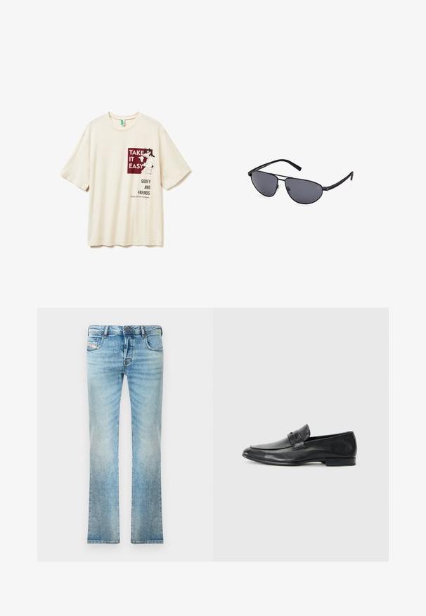 Camiseta beige con un gráfico de Goofy y el texto "Tómalo con calma", "Goofy y sus amigos" y "Disfruta de todos los momentos" en el frente.; Jeans de mezclilla azul claro con corte recto, diseño de cinco bolsillos y ligero desgaste. Incluyen cierre de botón metálico y cremallera.; Mocasines de cuero negro con puntera redondeada, detalles de costura, banda ancha en el empeine y un tacón bajo y plano. Acabado suave.; Gafas de sol tipo aviador negras con lentes grises, montura metálica delgada, forma curvada y almohadillas de silicona en la nariz para mayor comodidad.