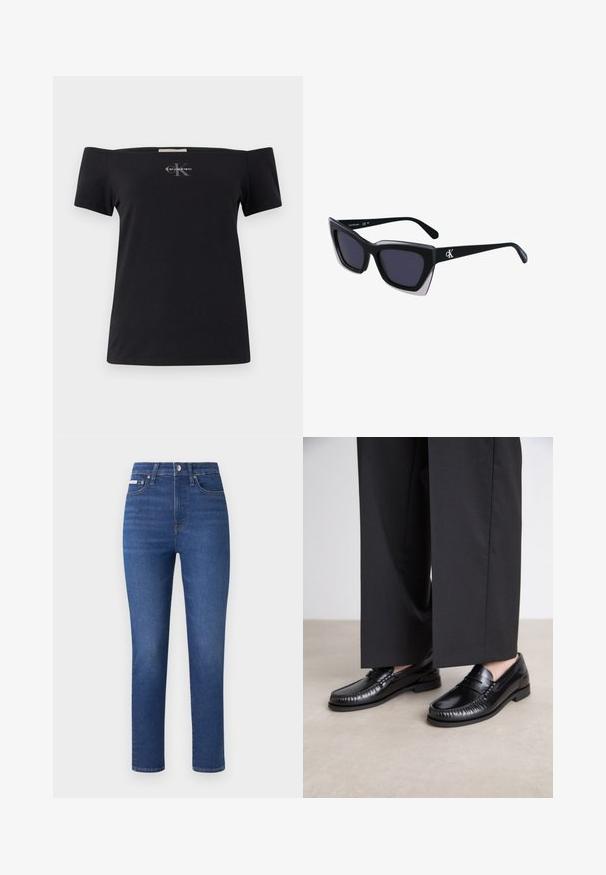 Juoda off-the-shoulder marškinėliai, pagaminti iš medvilnės, su trumpomis rankovėmis. Priekyje yra mažas pilkas Calvin Klein logotipas.; Tamsiai mėlynos džinsinės kelnės su tiesiomis kojomis, penkių kišenių dizainu ir subtiliais siuvinėjimo detalėmis. Su užtrauktuku ir sagos uždarymu.; Juodi odiniai loaferiai su lygia apdaila, siuvinėjimu aplink pirštą ir žema gumine padu. Derinami su plačiomis juodomis kelnių.; Juodos didelės saulės akinių su geometrine forma, turinčiais tamsius objektyvus ir kontrastingą pilką detalę ant rėmelio. Logotipas ant šalon.