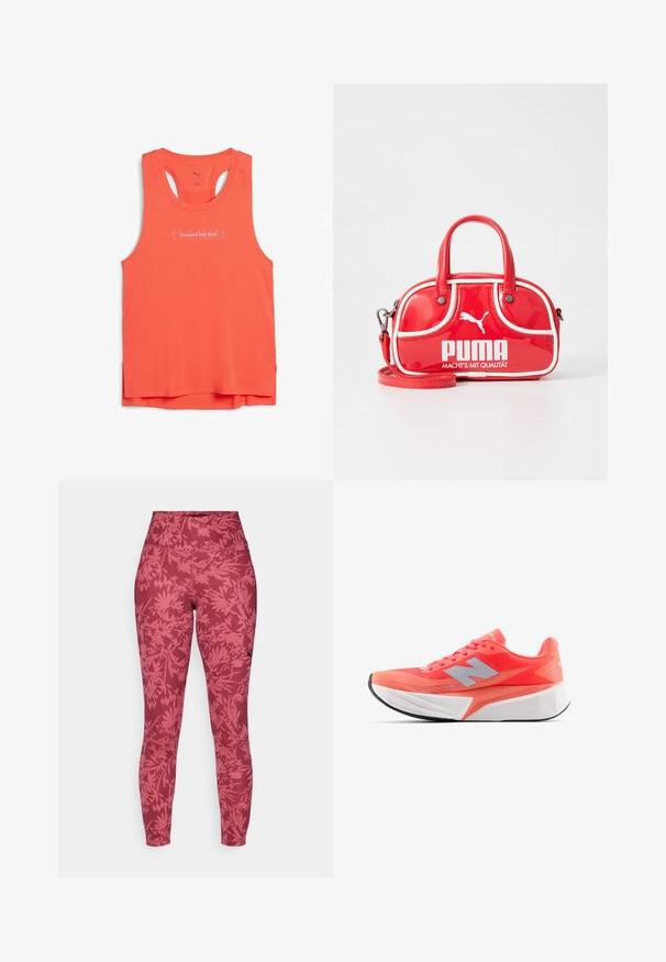 Ilma varrukatega sportlik tank top erksast oranžist võrkkangast, ümarate kaelustega, millel on valge graafiline tekst "PUSHING THE PACE."; Punased retuusid, millel on sobiv disain, kõrge vöökoht ja tumedamat tooni lehepilt, mis katab kogu nende pinna. Valmistatud venivast, tekstuuriga kangast.; Kerge jooksujalats erksas korallivärvis, millel on võrkmaterjalist pealis ja hõbedane logo. Erakordse tekstuuriga valge vaheosa ja must kummi välistald.; Punane lakknahk mini käekott valgete aktsentidega, ümmargune kuju, kahekordne sang, eemaldatav õlavarre rihm ja silmapaistev PUMA logo.
