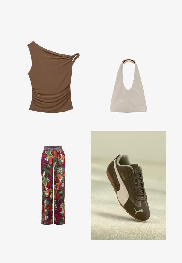 Ruskean yhden olkapään toppi, jossa on kierrettävä solmu yksityiskohtana ja kokoonkutistettu pinta sivussa, valmistettu pehmeästä ja joustavasta materiaalista.; Laadukkaat leveät housut, joissa on eloisa kukkakuosi violetissa, vihreässä ja oranssissa. Housuissa on joustava vyötärönauha, jossa on geometrinen yksityiskohta.; Ruskeat Puma-tennarit, joissa on vaalea raita ja logo, nauhoitettuna, lepäävät teksturoidulla vaalealla pinnalla.; Vaalea harmaa nahkalaukku, jossa on U-muotoinen muotoilu ja kaareva metallikahva. Suora pinta, jossa on minimaalinen ompelu ja ei näkyviä kuvioita.; Sormukset kullanväriset, sileät ja pyöristetyt muodot yhdistelevät toisiaan. Korkea kiilto viimeistely heijastavalla pinnalla, joka esittelee saumattoman muotoilun.