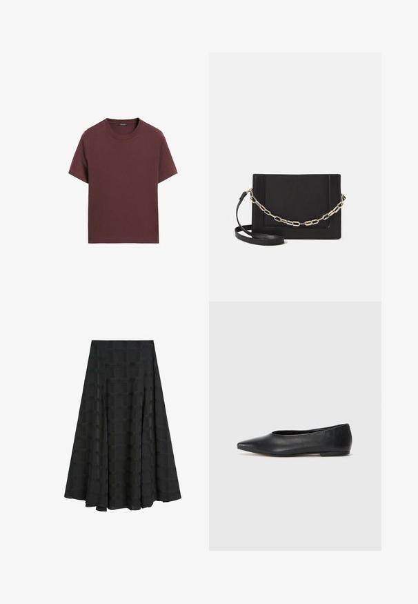 T-shirt corto rosso bordeaux in soffice cotone. Collo rotondo, taglio dritto e superficie liscia senza motivi o parti metalliche visibili.; Gonna plissettata nera realizzata in tessuto testurizzato, con un motivo a griglia. Il design è lungo fino ai piedi con una silhouette fluida.; Ballerine in pelle nera, punta affusolata, design minimalista, texture liscia, tacco basso, senza hardware o decorazioni visibili.; Borsa a tracolla nera in pelle con una texture liscia, forma rettangolare e dettaglio in catena metallica sul davanti. Inclusa una tracolla regolabile.