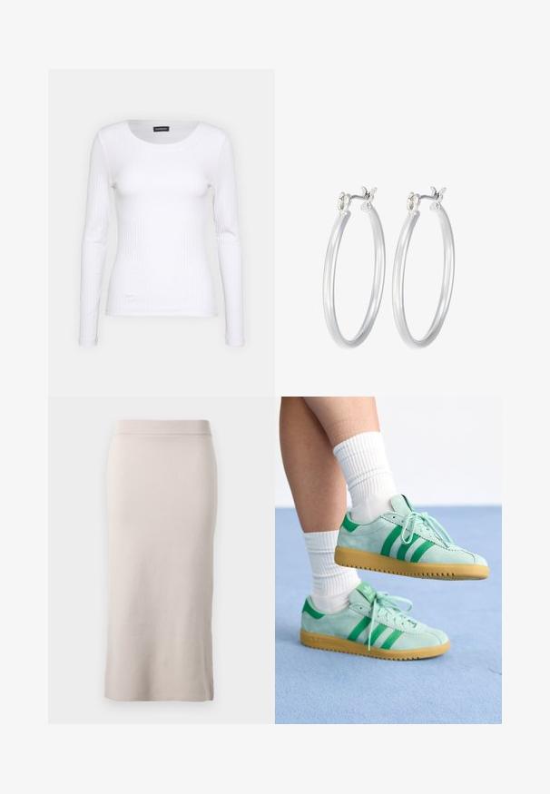 Biely rebrovaný top s dlhým rukávom a okrúhlym výstrihom. Vyrobený z pružného materiálu, ktorý obopína telo. Obsahuje jemné horizontálne pruhy.; Pletená ceruzková sukňa v svetlo béžovej farbe, s rebrovaným pásom, úzkym strihom a bočným rozparkom pre pohodlný pohyb. Mäkká textúra, minimalistický dizajn.; adidas Originals BRMD - Tenisky - hazy green/preloved green; Strieborné kruhové náušnice s hladkým, lesklým povrchom. Kolový tvar a bezpečné klikanie na uzatváranie. Ľahký dizajn vhodný na každodenné nosenie.