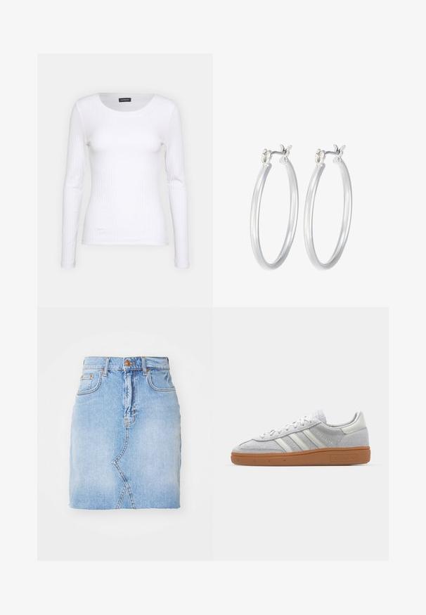 Valge soonikuline pikkade varrukatega pluus ümmarguse kaelusega. Valmistatud venivast kangast, mis kehale siledalt ümber läheb. Omab peeneid horisontaalseid jooni.; Heledad helesinine teksaseelik, millel on kõrge vöökoht, nähtavad õmblused ja asümmeetriline ääredisain. Sisaldab esitasku nupu sulgemist.; Heledad hallhall kreemikas nähtav dress särk valgete nahka elementidega, kolm valget triipu ja pruun kummikreen, millel on mugavuse tagamiseks pehmendusega kaelus.; Hõbedased rõngaskõrvarõngad, millel on sile, läikiv viimistlus. Ümmargune kuju ja turvaline klõpsulatus. Kerge disain, sobib igapäevaseks kandmiseks.