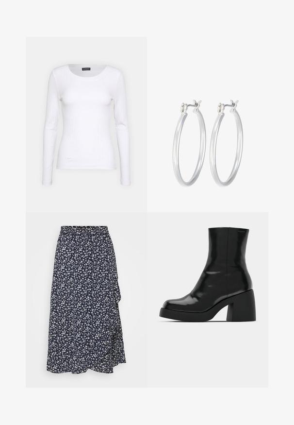 Balts ribots garām piedurknēm krekls ar apaļu kakla izgriezumu. Izgatavots no elastīga auduma, kas pieguļ ķermenim. Iezīmējas ar smalkām horizontālām līnijām.; Jūrnieku ziedu svārki ar savilkta elastīga josta, ar baltu ziedu rakstu, vieglu audumu un plūstošu siluetu.; Melnas potītes zābaku ar spīdīgu apdari, kvadrātveida pirkstu un biezu bloku papēdi. Dizainā ir bezšuvju siluets un minimāla zīmola identitāte.; Sudraba riņķveida auss gredzeni ar gludu, pulētu apdari. Apaļa forma un drošs klikšķa augšējais slēgums. Viegls dizains, kas piemērots ikdienas valkāšanai.