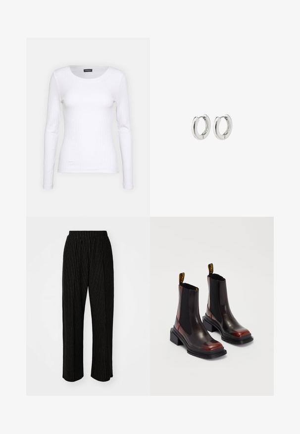 Balta, raukšlėta ilgarankovė palaidinė su apvalia iškirpte. Pagaminta iš elastingos medžiagos, kuri prisitaiko prie kūno. Pasipuošusi subtiliomis horizontaliosiomis linijomis.; Juodi, plačių kojų kelnės su baltomis vertikaliomis juostelėmis, su elastinga juosmens juosta, užtikrinančia komfortą, ir sklandžia, minkšta tekstūra.; Dr. Martens MAYBOLE CHELSEA - Aulinukai su platforma - black/cherry red; Sidabriniai auskarai su poliruotu paviršiumi, turintys apvalią dizaino formą ir be siūlių vyriukus, rodantys lygų paviršių.