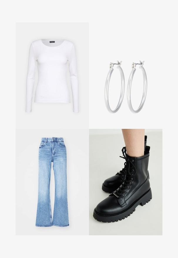 Bijela rebrasta dugosveđa majica s okruglim izrezom. Izrađena od rastezljivog materijala koji se prilagođava tijelu. Sadrži suptilne horizontalne linije.; Svijetle traperice u stilu flare imaju visok struk, zatvaranje na patentni zatvarač i džepove. Tkanina ima glatku teksturu s blagim izbljeđivanjem.; Crne čipkaste gležnjače izrađene od glatke kože. Debeli gumeni potplat s dubokim utorima. Sadrži petnu petlju za lakše oblačenje.; Srebrne kružne naušnice s glatkom, poliranom površinom. Okrugli oblik i sigurno kopčanje na klik. Lagani dizajn pogodan za svakodnevno nošenje.