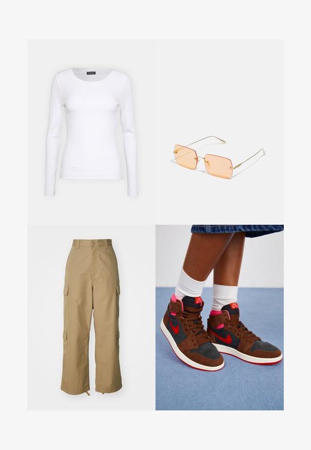 White ribbed long-sleeve top with a round neckline. Made from a stretchy fabric that hugs the body. Features subtle horizontal lines.; Beige cargo pants with a high waist, wide legs, and four large side pockets. Made of durable fabric with a smooth texture and minimal detail.; High-top sneakers featuring brown suede and black material, with pink accents, red Nike logo, and white sole. Textured collar and tongue.; Gold metal frame sunglasses with rectangular orange-tinted lenses. Distinctive thin arms and subtle textured accents near the hinges.; Silver hoop earrings with a smooth, polished finish. Round shape and secure click-top closure. Lightweight design suitable for everyday wear.