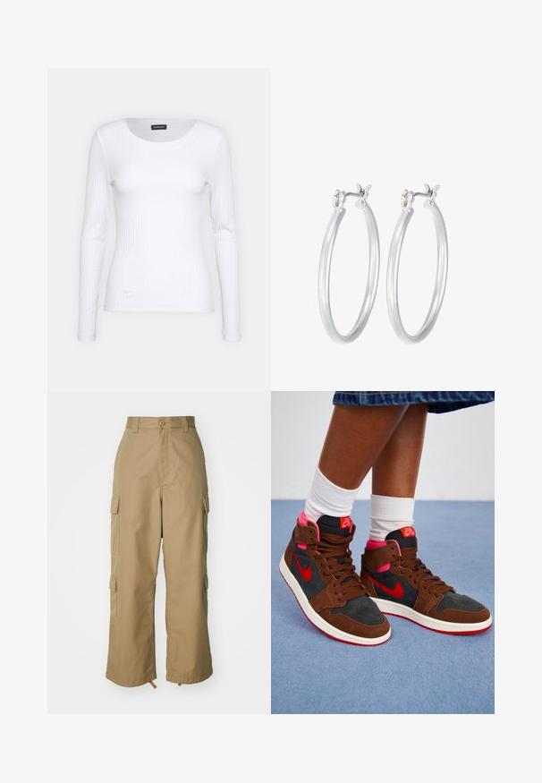 Top a maniche lunghe bianco con collo rotondo. Realizzato in un tessuto elasticizzato che si adatta al corpo. Presenta delle sottili righe orizzontali.; Pantaloni cargo beige con vita alta, gamba ampia e quattro grandi tasche laterali. Realizzati in un tessuto resistente con una texture liscia e dettagli minimi.; Sneakers alte in suede marrone e materiale nero, con accenti rosa, logo Nike rosso e suola bianca. Collo e linguetta testurizzati.; Orecchini a cerchio in argento con una finitura liscia e lucida. Forma rotonda e chiusura a scatto sicura. Design leggero adatto per l'uso quotidiano.