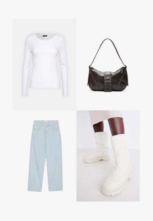 Balts ribots garām piedurknēm krekls ar apaļu kakla izgriezumu. Izgatavots no elastīga auduma, kas pieguļ ķermenim. Iezīmējas ar smalkām horizontālām līnijām.; Gaiši zilas platās kājas džinsi, kas izgatavoti no denima, ar vidēju jostas augstumu, piecām kabatām un pogas aizdari ar šauru metāla akcentu.; Baltie zemas zābaciņi ar mīkstu, teksturētu apdari, kas aprīkoti ar masīvu gumijas zoli un izteiksmīgu formu modernam dizainam.; Brūna ādas plecu soma ar izliekta formu, kas izceļas ar izteiktu sprādzes detaļu, kontrastējošām šuvēm un vienu plecu siksnu.